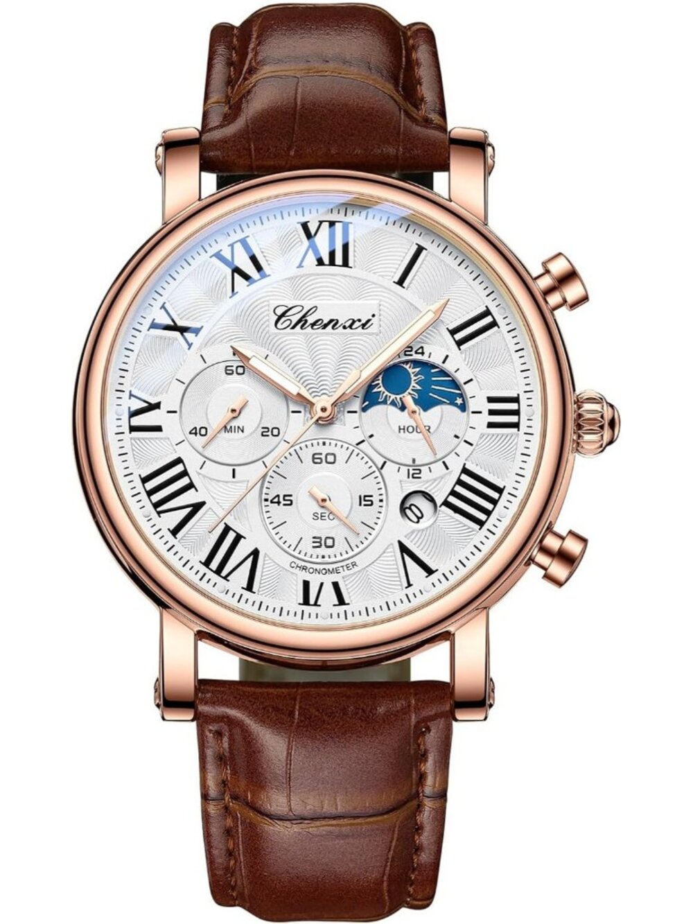 Men's Rose Gold Brown Leather Multifunctional Military Analog Chronograph Watch
